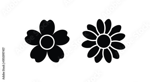 Two black floral designs with distinct petal arrangements a silhouette