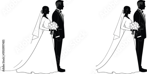 Black and white illustration of bride and groom standing side by side in wedding attire, mirrored couple artwork, romantic ceremony concept, marriage design reference