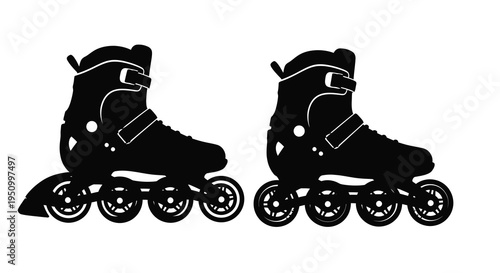 Two pairs of inline skates shown in a dark striking silhouette