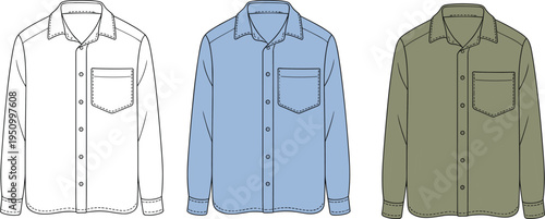 Men’s Long Sleeve Button Up Shirt Vector Illustration Set Front View Casual Apparel Design Template in Multiple Colors for Fashion Catalog