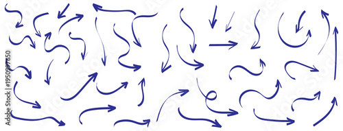 Simple black doodle arrow set. Chalk-style hand-drawn black arrows collection with wavy, zigzag, curved, looped, and straight designs. High-res sketch texture, infographics, creative, business design.