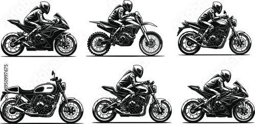 Black and white illustration of six different motorcycles with helmeted riders in side profile view, showcasing sport, dirt, cruiser, and cafe racer styles