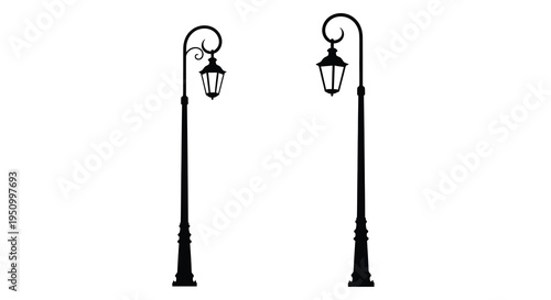 Two ornate street lamps depicted in a stark black silhouette