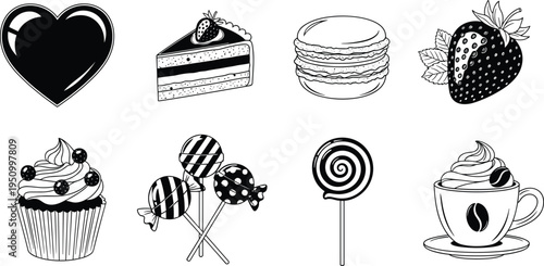Black and white silhouette illustration of desserts including cake, cupcake, macaron, lollipops, strawberry, coffee cup, decorative sweet treats for food artwork, design, and confectionery themes