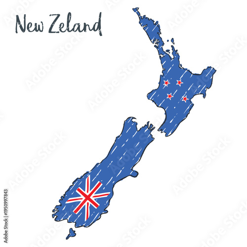 New Zealand Map Sketch - hand drawn NZ flag illustration