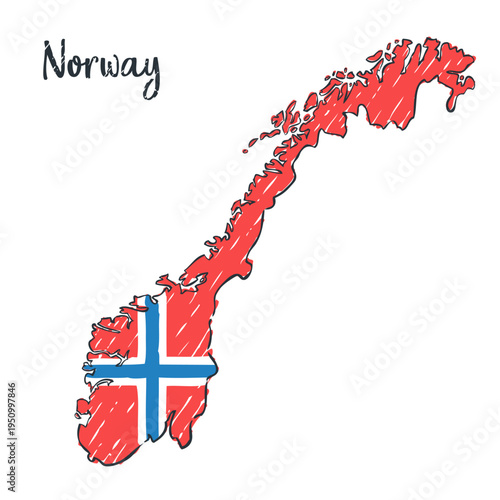 Norway Map Sketch - hand drawn Norwegian flag illustration