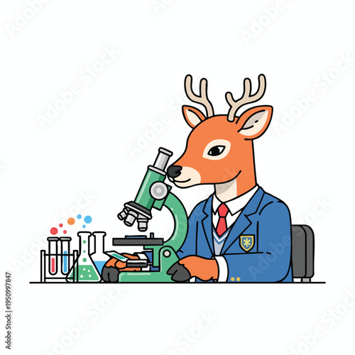 Cartoon deer in lab coat uses microscope amidst colorful experiments