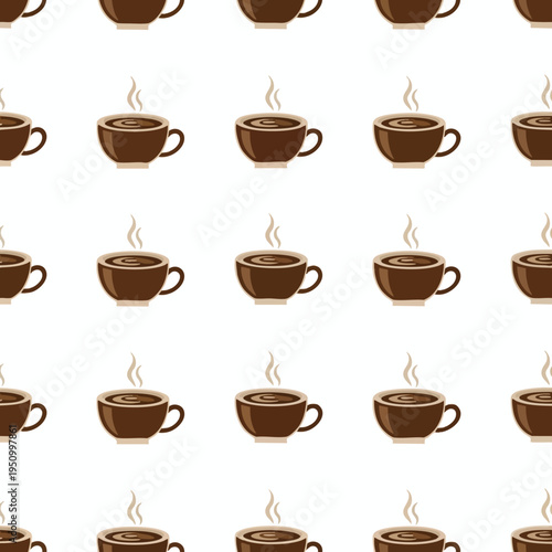 A repeating pattern of steaming cups of coffee on a white background