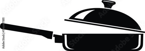 Black and white silhouette illustration of frying pan with domed lid and long handle, kitchen utensil concept for cooking, culinary design, household appliance artwork