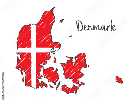 Denmark Map Sketch - hand drawn Danish flag illustration