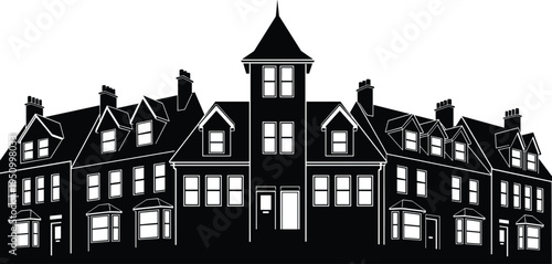 Black and white silhouette illustration of Victorian style townhouses with pointed roof, chimneys, bay windows, symmetrical architecture, urban residential design, and historical building artwork.