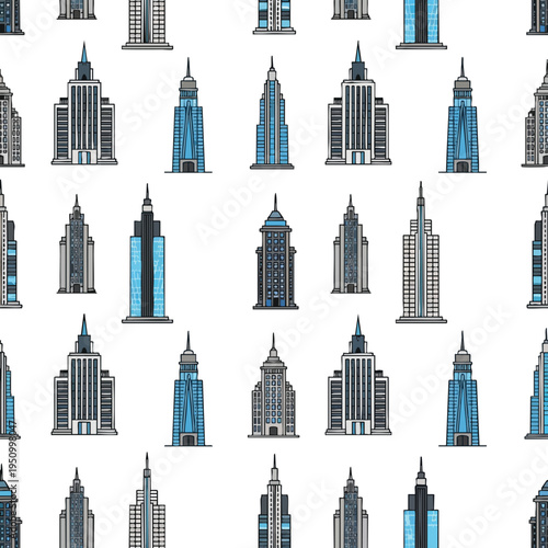 Seamless pattern of stylized skyscrapers and buildings