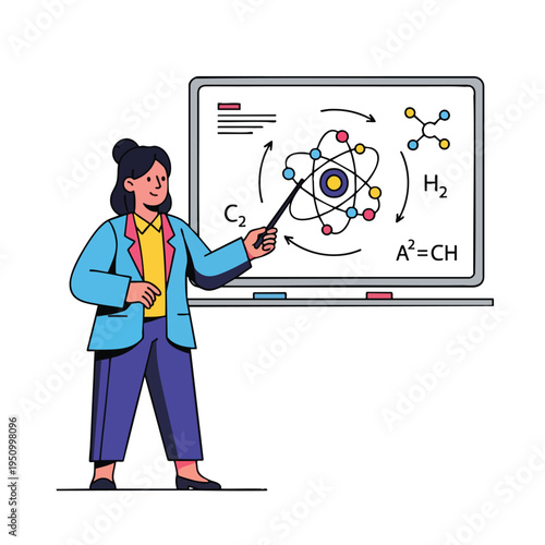 Educator points to atom model and chemical formulas on a whiteboard