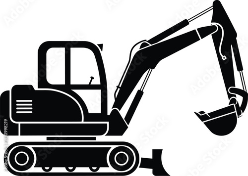 Black and white silhouette of excavator with tracked base, cab, hydraulic arm, and bucket, heavy construction machinery design concept for excavation, demolition, lifting, and material handling tasks