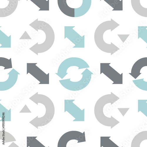 Seamless pattern of abstract arrows and semi-circles in grey and blue hues