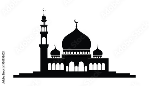 Black and white silhouette of a mosque with domes and minarets 2