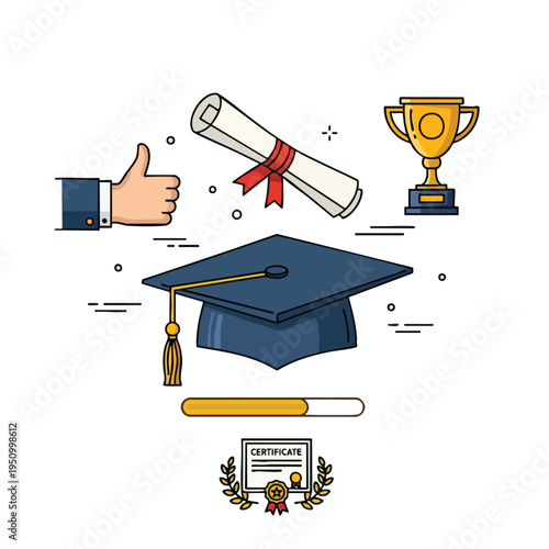 Graduation icons cap, diploma, trophy, thumbs up, certificate, and progress bar