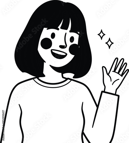 A cheerful cartoon girl with a friendly wave and sparkles