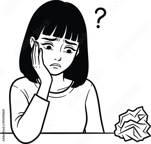 A cartoon girl looking puzzled with crumpled paper
