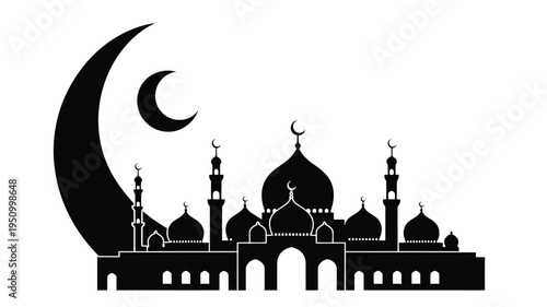 Black and white silhouette of a mosque with domes minarets and a crescent moon