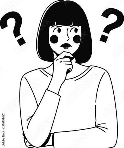 A cartoon woman with question marks thinking