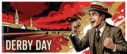 Derby Spectator in a Hat Celebrating at a Horse Racing Track