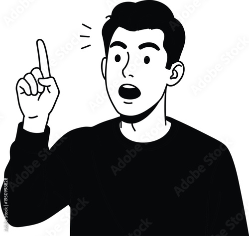 Surprised man pointing upwards with index finger