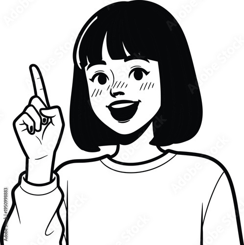A cartoon girl pointing upwards with a cheerful expression