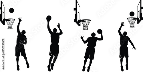 Basketball Player Shooting and Dunk Silhouette Set Vector Illustration Athletes Jumping at Hoop Sport Action Collection Isolated Design