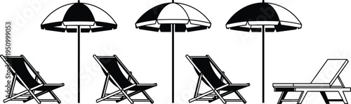 Beach Umbrella and Deck Chair Silhouette Set with Sun Loungers for Summer Vacation, Seaside Relaxation and Resort Leisure Concept