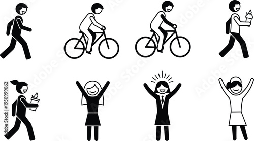 Black and white clip art of people engaging in various activities