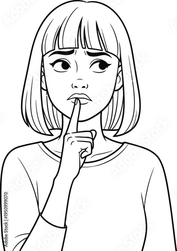 A young girl with a thoughtful expression and finger on her lips