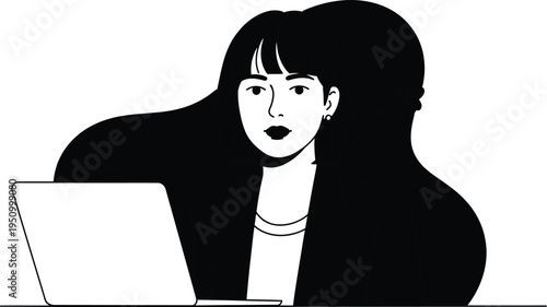 Woman sitting at a laptop with a surprised expression