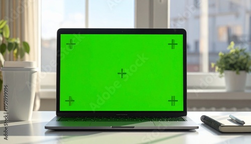 Laptop with a green screen on a desk with a window and plant in the background