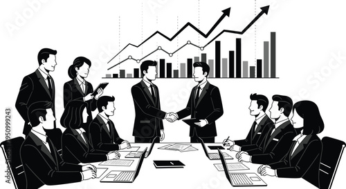 Business team meeting with handshake agreement and financial growth chart background, corporate partnership, teamwork collaboration, and successful business strategy concept illustration.