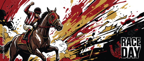 Horse Jockey on Racehorse Celebrating Victory in Dynamic Colorful Action