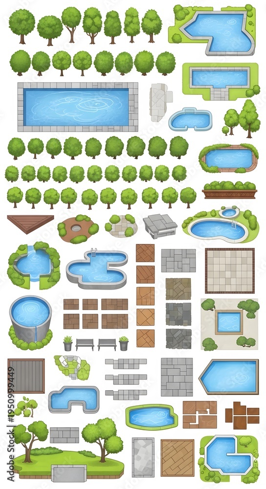 Fototapeta premium A collection of various green trees and blue ponds with brown paths and grey fences