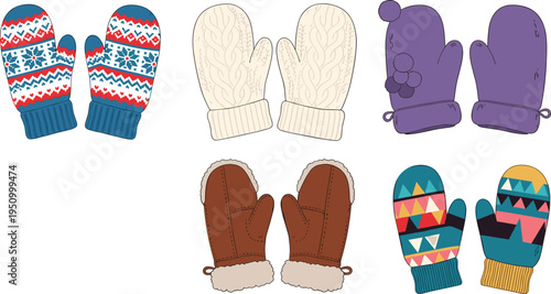 Hand-Drawn Collection of Winter Mittens in Various Patterns and Colors for Cozy, Seasonal, and Holiday-Themed Designs.