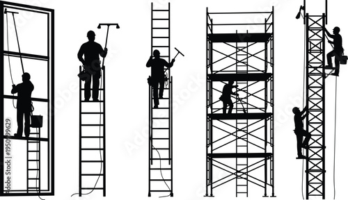 Black Silhouette Vector Set of Window Cleaners and Industrial Workers Using Ladders Scaffolding and Harnesses Working at Heights on White