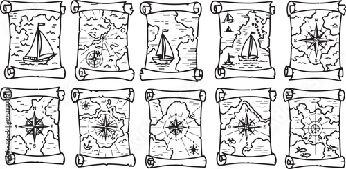 Collection of vintage-style maps featuring sailboats and compasses on aged parchment. Vector