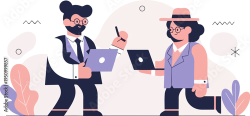 Two stylized figures in business attire collaborate on laptops amidst abstract shapes and plants