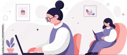 Two women are engaged in quiet activities, one working on a laptop and the other reading a book