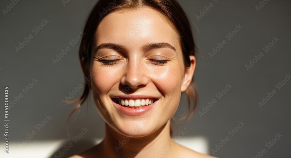 Naklejka premium Woman with radiant skin smiling at the camera, showcasing the benefits of collagen for dry skin.