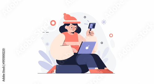 Woman in winter hat with laptop and camera, abstract background