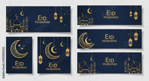 Eid mubarak greeting cards with crescent moon and lanterns on dark blue background