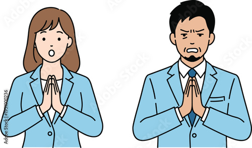 Business man and woman apologizing with hands together, sorry gesture and apology concept, professional office workers cartoon illustration