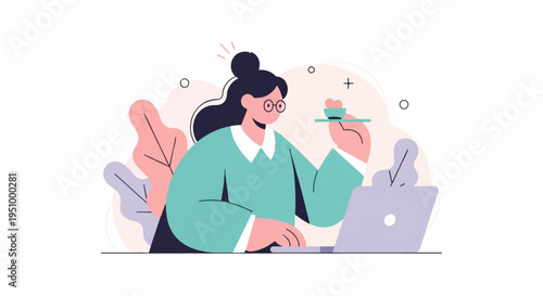Woman with glasses and bun working on laptop, holding a cup