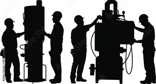 Industrial factory workers silhouette vector, professional engineering technician with machinery, manufacturing equipment and maintenance service team