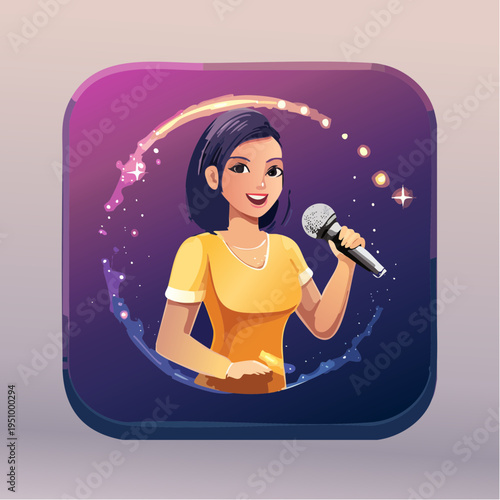 Digital Music App Icon Featuring a Talented Indonesian Female Singer Performing with a Microphone, Surrounded by Sparkles and Neon Glow