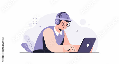 Young person in hat, glasses, and headphones works on a laptop